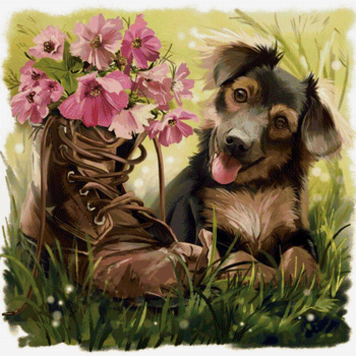 Собачка и цветы - животные, лето, цветы, собака, рисунок, собачка - предпросмотр