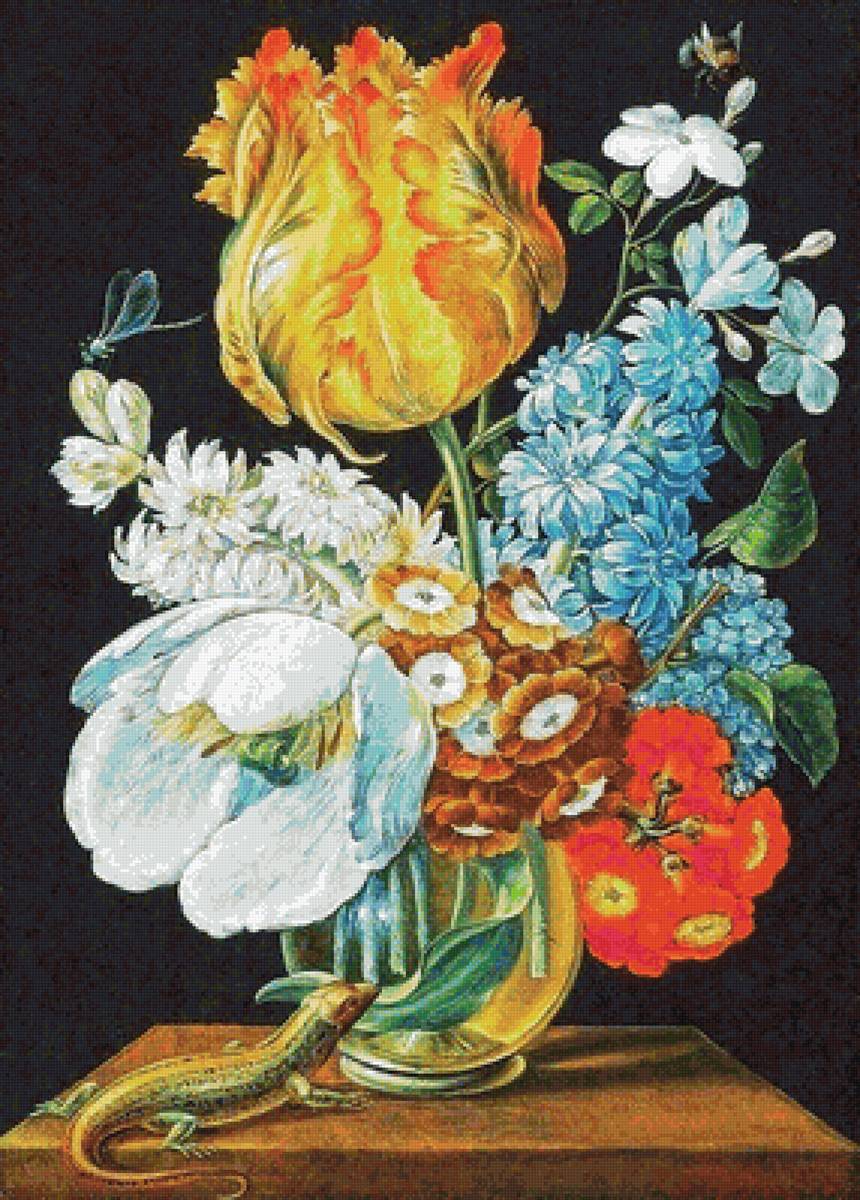 Букет с ящерицей - живопись, ящерица, ваза, букет, цветы - предпросмотр