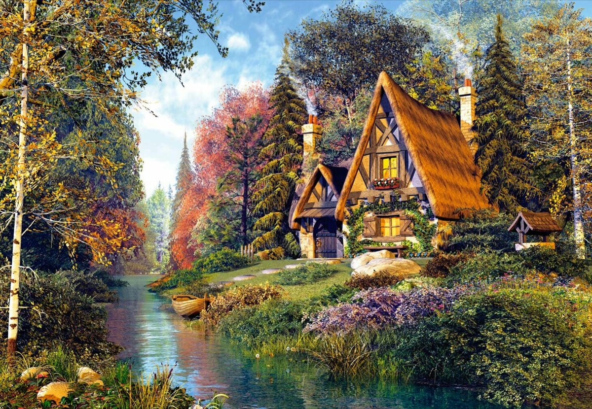 Домик в лесу - дом, природа, домик, лодка, лес, река, пейзаж - оригинал