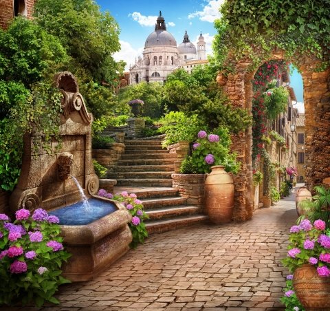 Старый город - цветы, пейзаж, лето, арка, природа - оригинал