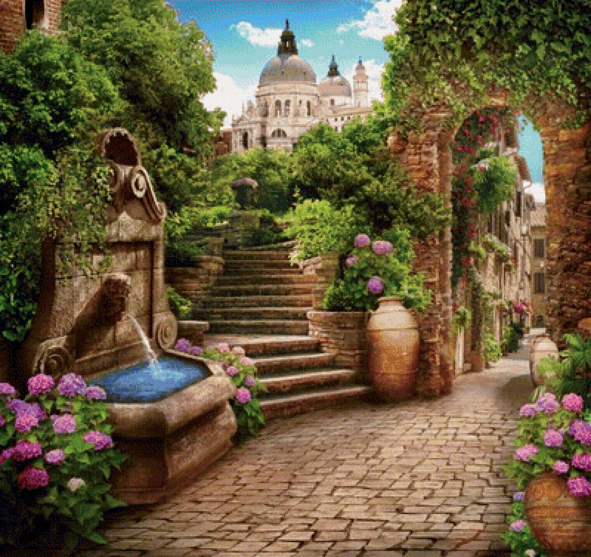 Старый город - лето, цветы, природа, пейзаж, арка - предпросмотр