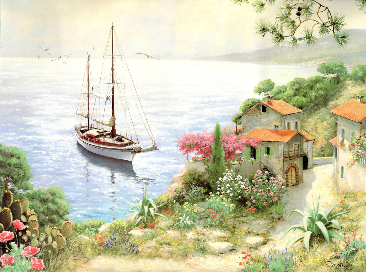 Морской пейзаж - лето, домики, яхта, море, пейзаж, природа, цветы - оригинал