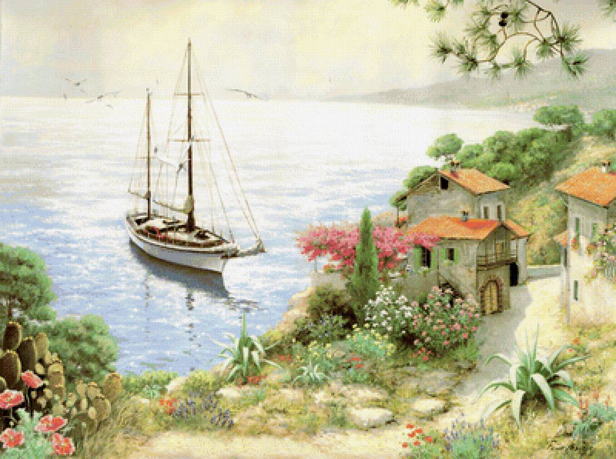 Морской пейзаж - цветы, яхта, лето, домики, природа, пейзаж, море - предпросмотр