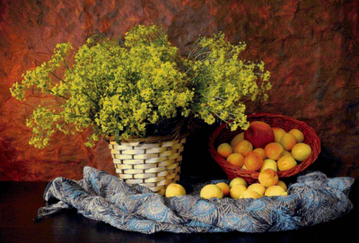Натюрморт - фрукты, яблоко, натюрморт, букет, абрикосы, цветы - предпросмотр