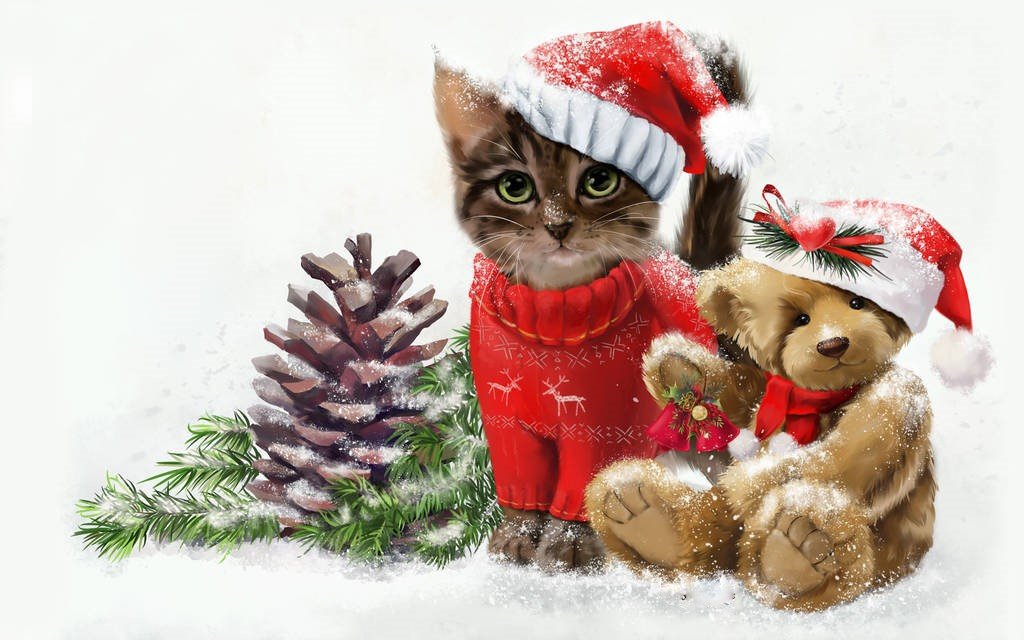 Новогодний котёнок - зима, мишка, шишка, животные, котенок, котик, снег, рисунок, кот - оригинал