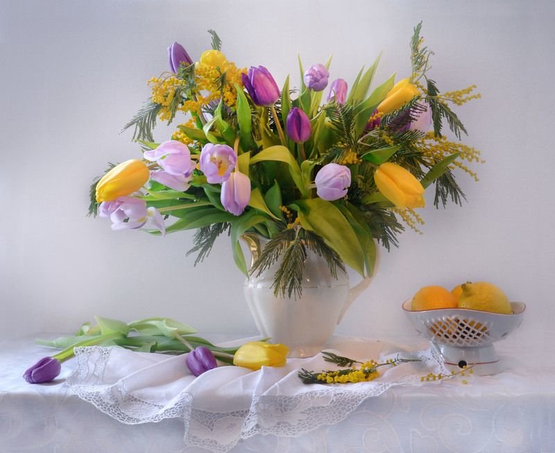 Натюрморт - натюрморт, лимоны, букет, цитрусовые, тюльпаны, цветы - оригинал