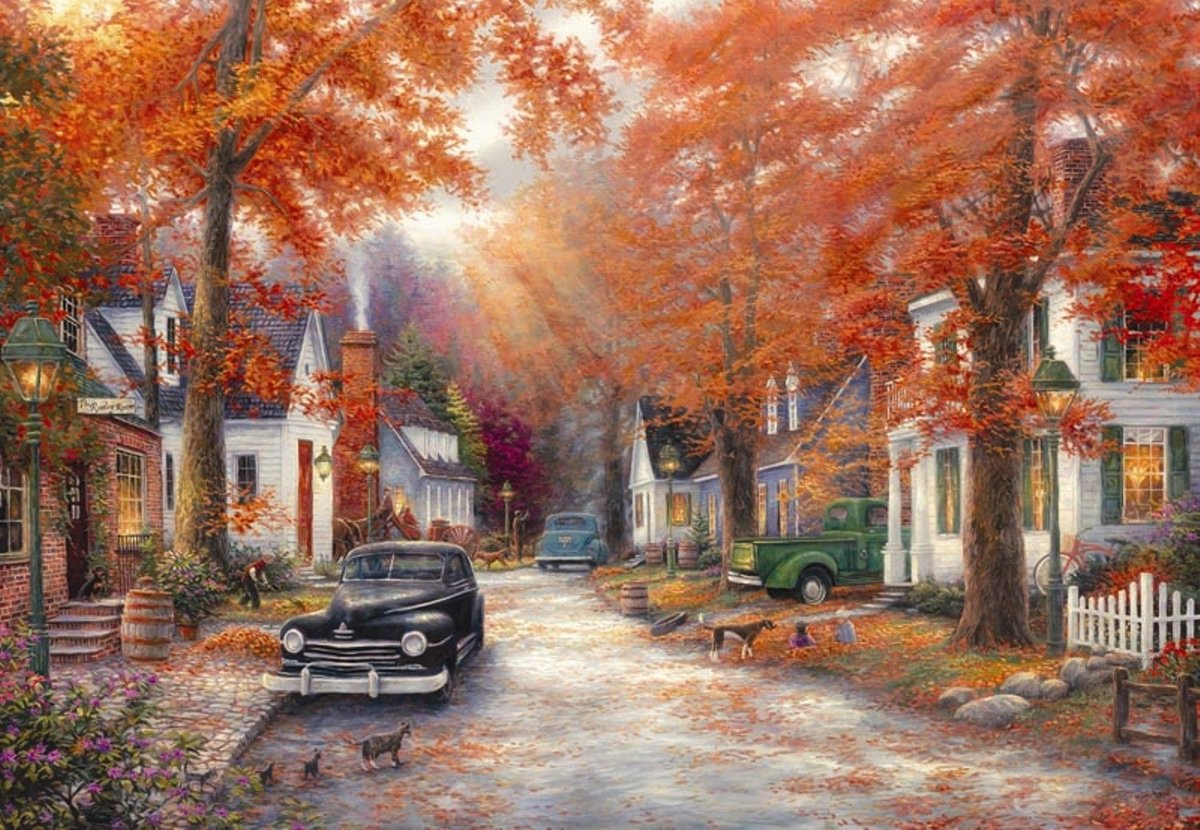 Осенний пейзаж - пейзаж, осень, улица, машины, домики, дома, автор - оригинал