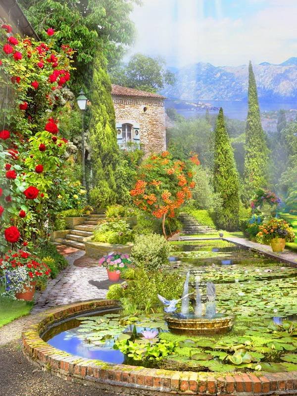 Пейзаж - домик, цветы, лето, природа, сад, пейзаж - оригинал