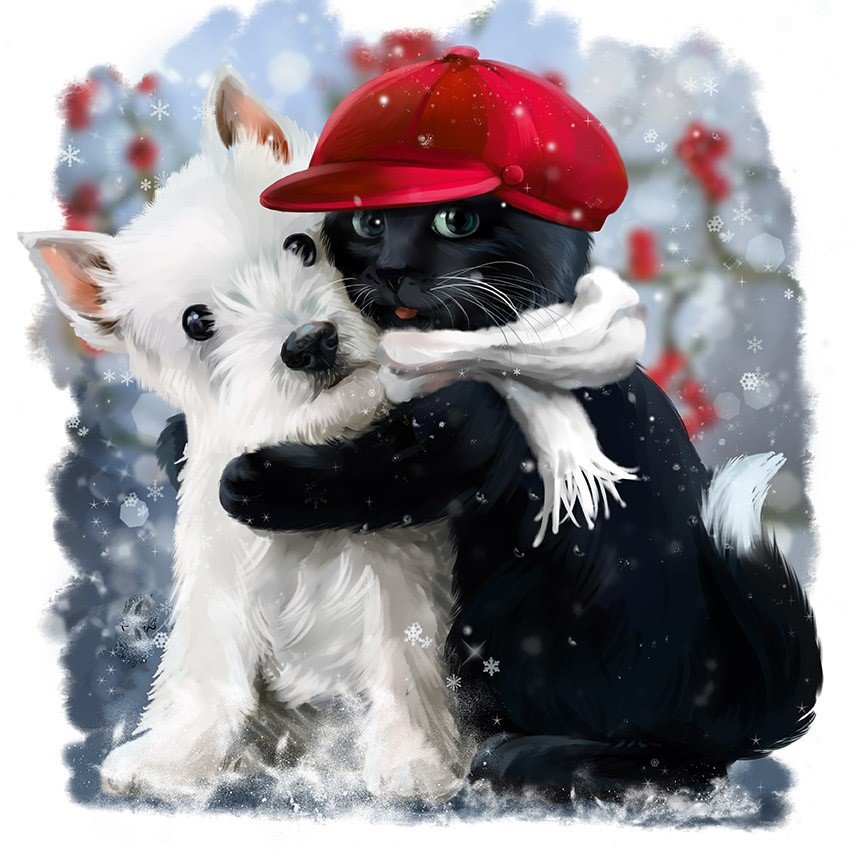 Друзья - рисунок, снег, собака, животные, зима, собачка, котик, кот - оригинал