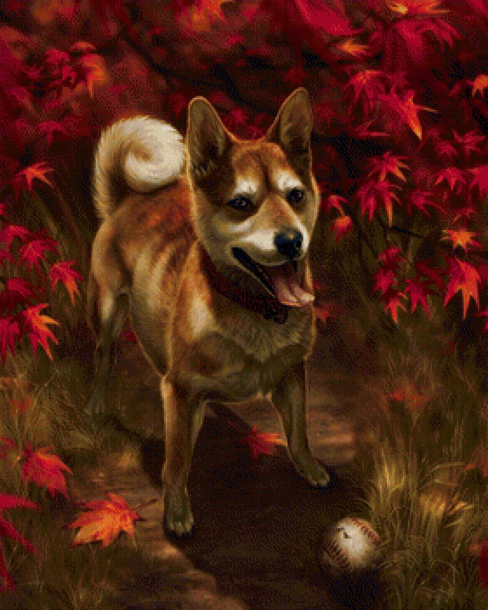 Собачка - животные, мяч, рисунок, собачка, собака, листья, осень - предпросмотр