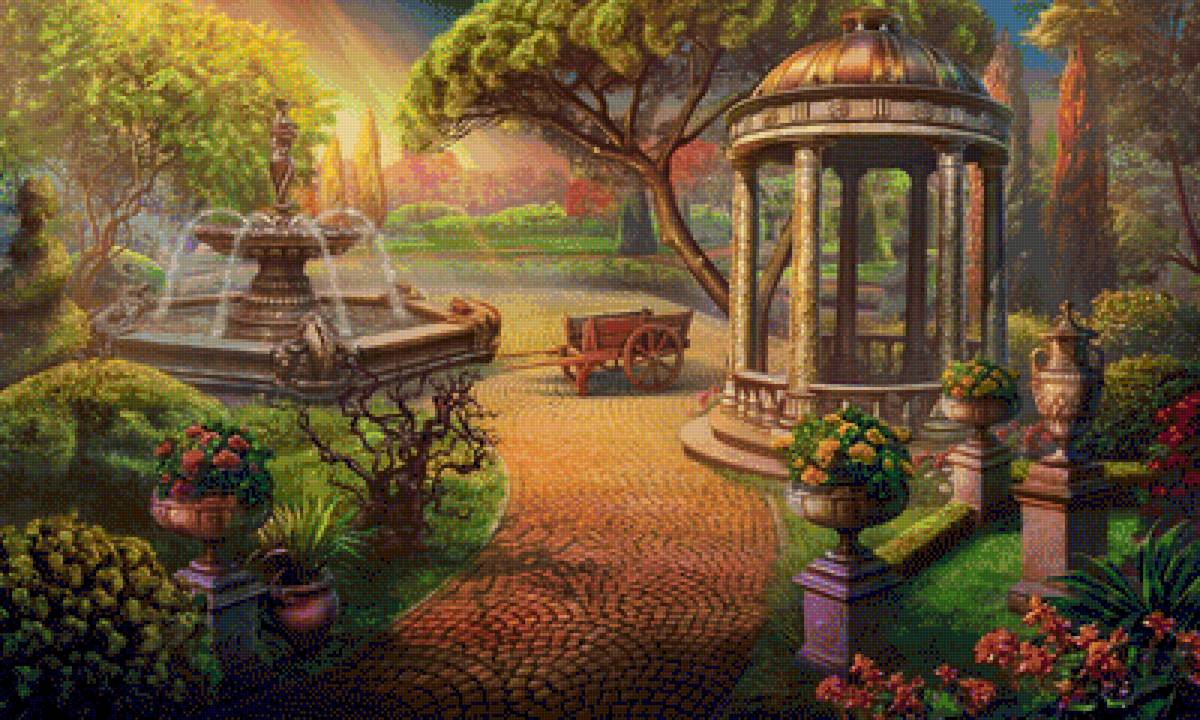 Пейзаж - фонтан, пейзаж, цветы, беседка, сад, природа - предпросмотр