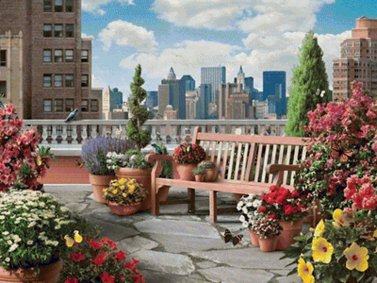 Сад на крыше - пейзаж, сад, природа, город, скамейка, цветы, лето, дома - предпросмотр