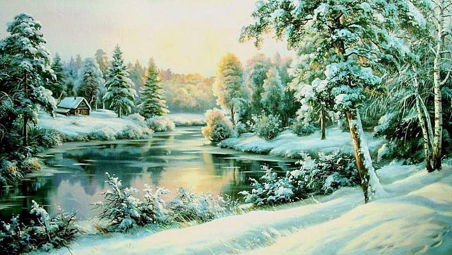 Зима - река, зима, пейзаж, снег, лес - оригинал