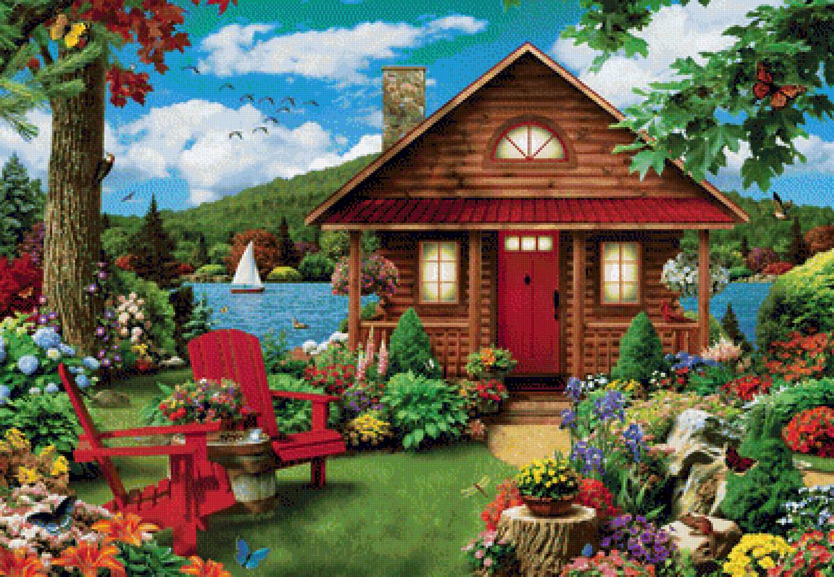 Домик у озера - домик, пейзаж, дом, природа, бабочки, озеро, лето, цветы - предпросмотр