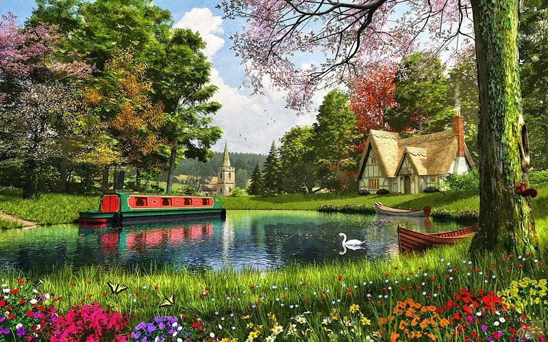 Пейзаж - дом, домик, лодка, природа, река, пейзаж, цветы, лето - оригинал