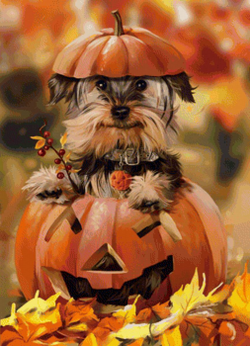 Тыковка - животные, осень, рисунок, собака, тыква, хэллоуин, щенок - предпросмотр
