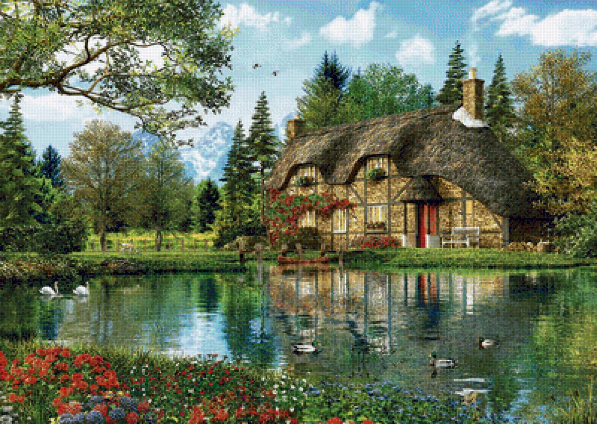 Домик у озера - цветы, лебеди, пейзаж, домик, природа, озеро, лето, дом - предпросмотр