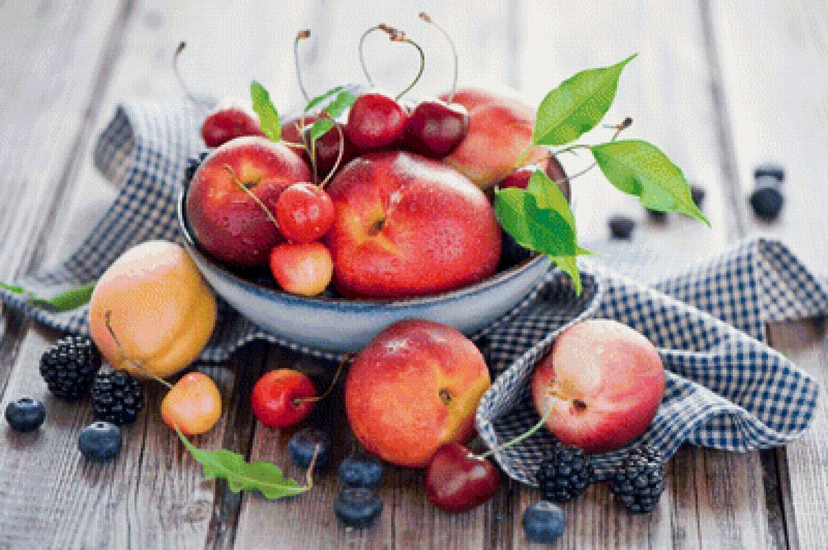 Натюрморт - вишня, ягоды, ежевика, натюрморт, яблоки, персики, фрукты - предпросмотр