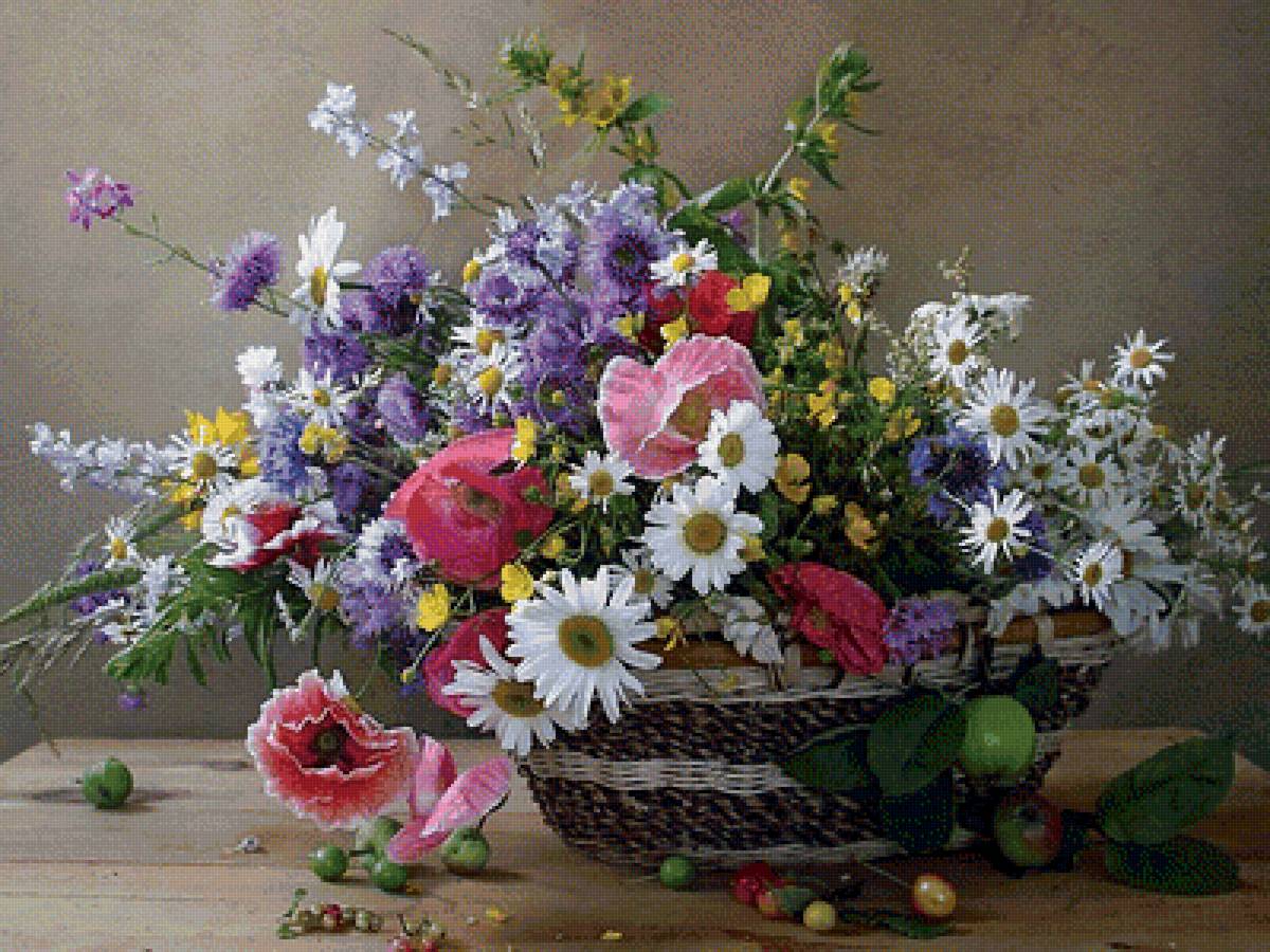 Полевые цветы - букет, маки, натюрморт, ромашки, цветы - предпросмотр
