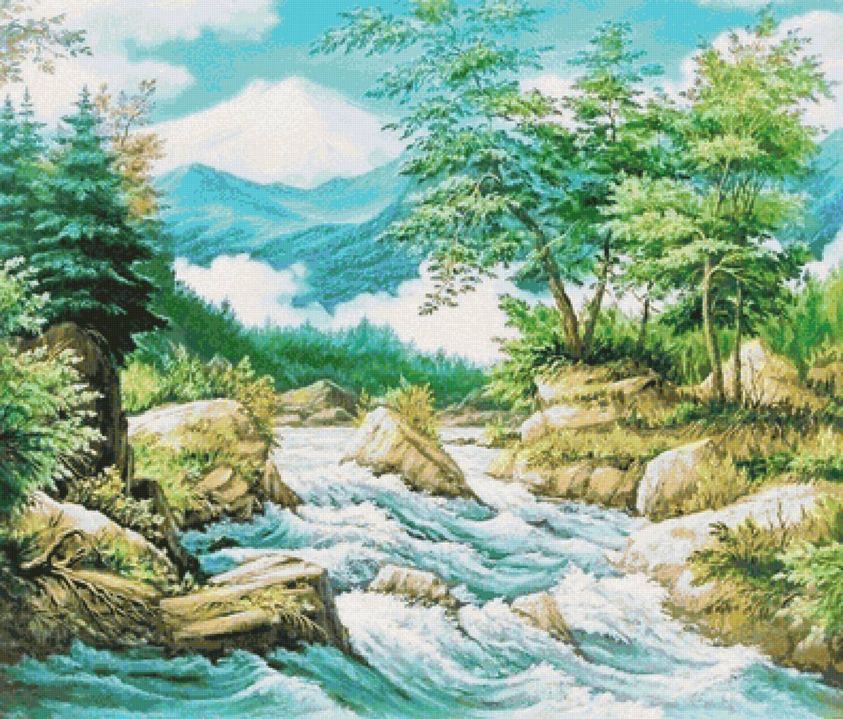Горный пейзаж - природа, река, горный пейзаж, горы - предпросмотр