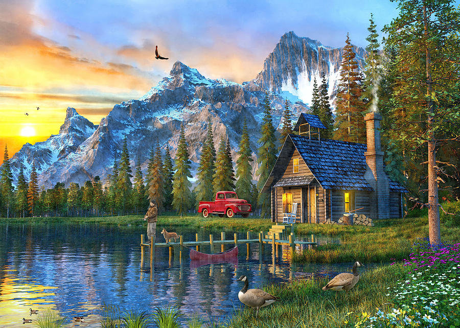 Домик у озера - горы, домик, пейзаж, лодка, дом, природа, утки, озеро, цветы - оригинал