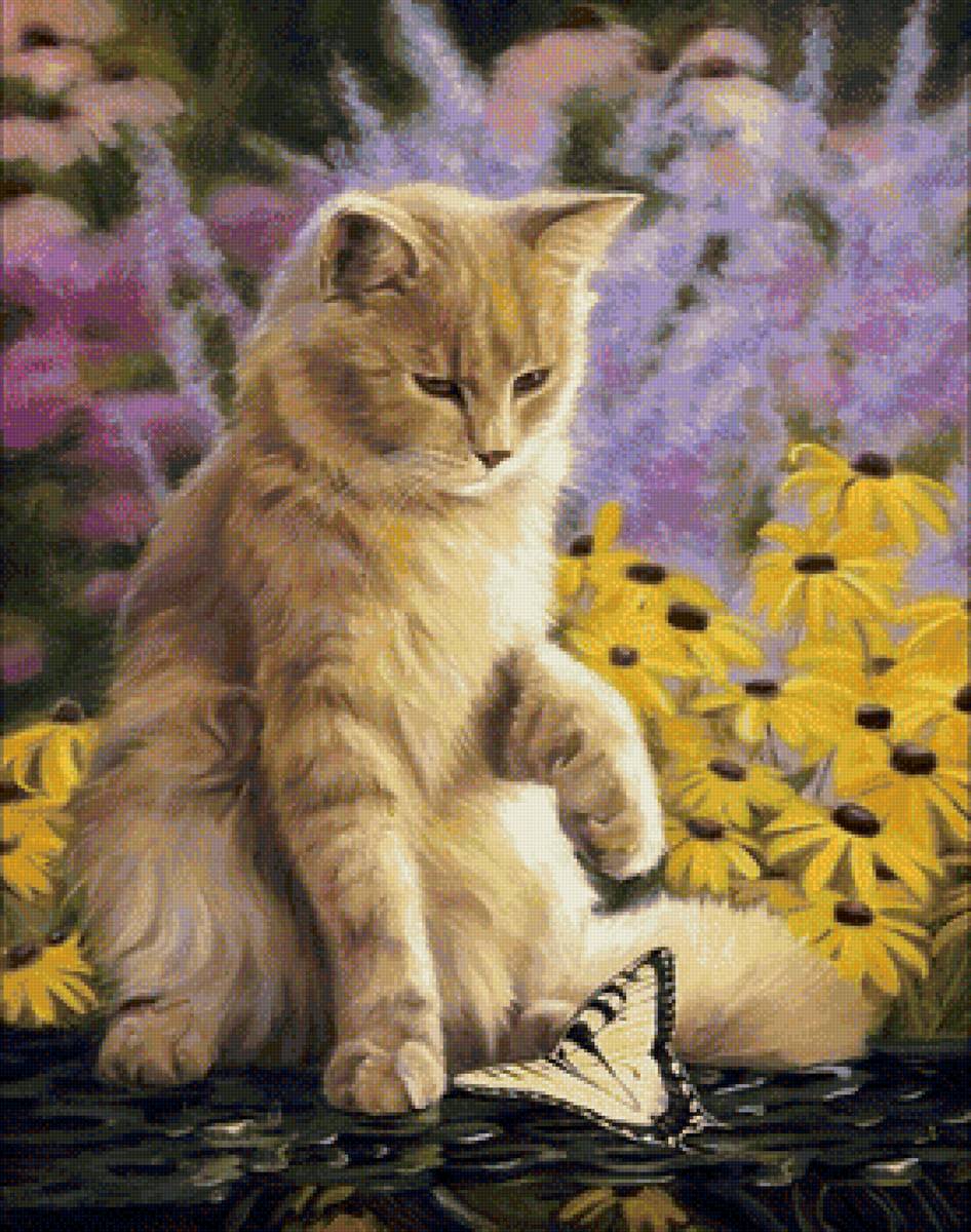 Котик - кот, животные, бабочка, рисунок, цветы, котик - предпросмотр