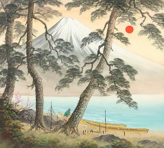 Японский пейзаж 1 /Фудзияма/ - лодка, сосны, горы, море, япония - оригинал