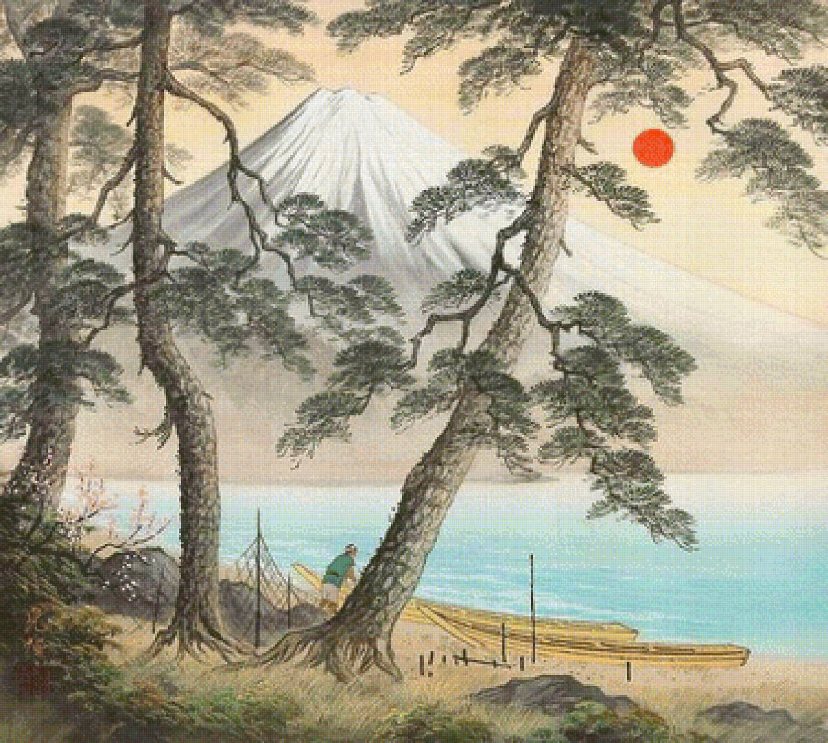 Японский пейзаж 1 /Фудзияма/ - лодка, горы, море, япония, сосны - предпросмотр