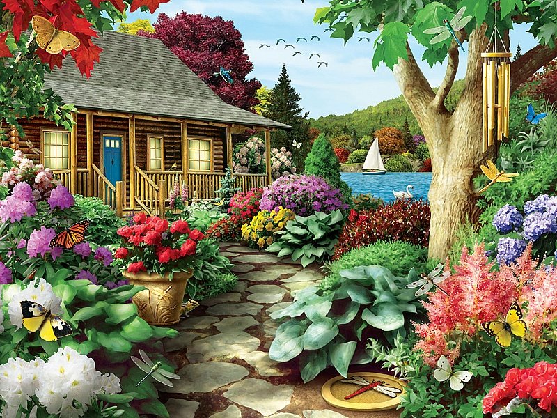 Домик у озера - дом, озеро, пейзаж, бабочки, природа, цветы, лес, домик - оригинал