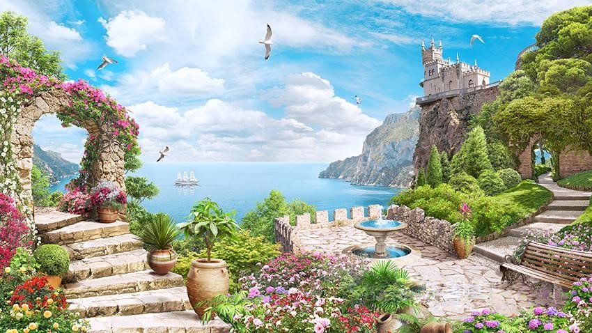 Морской пейзаж - цветы, лето, замок, пейзаж, море, чайки, природа - оригинал
