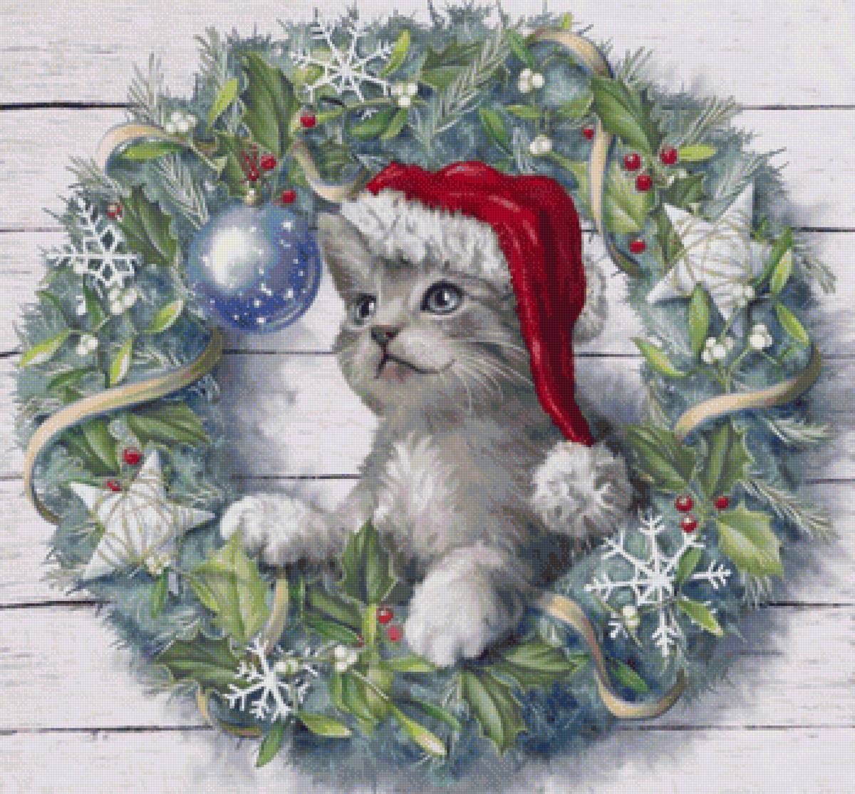 Котик - рождество, рисунок, котик, животные, котенок, кот - предпросмотр