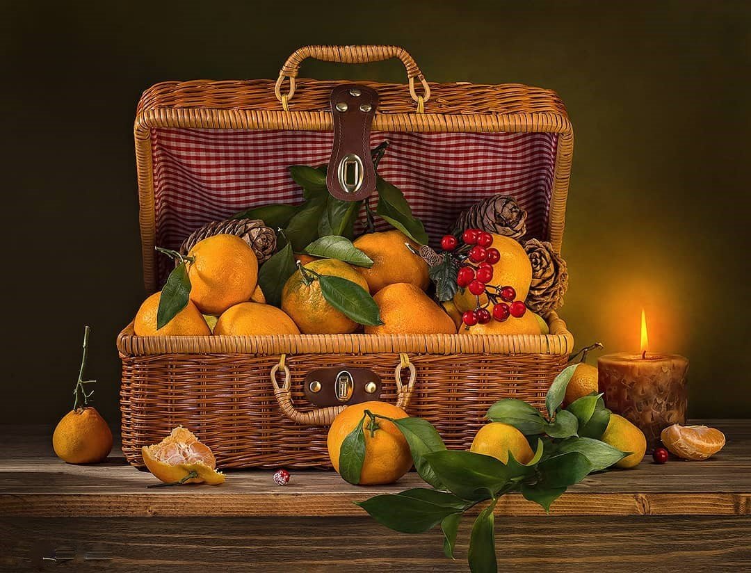 Мандаринки - натюрморт, цитрусовые, мандарины, фрукты, свеча - оригинал
