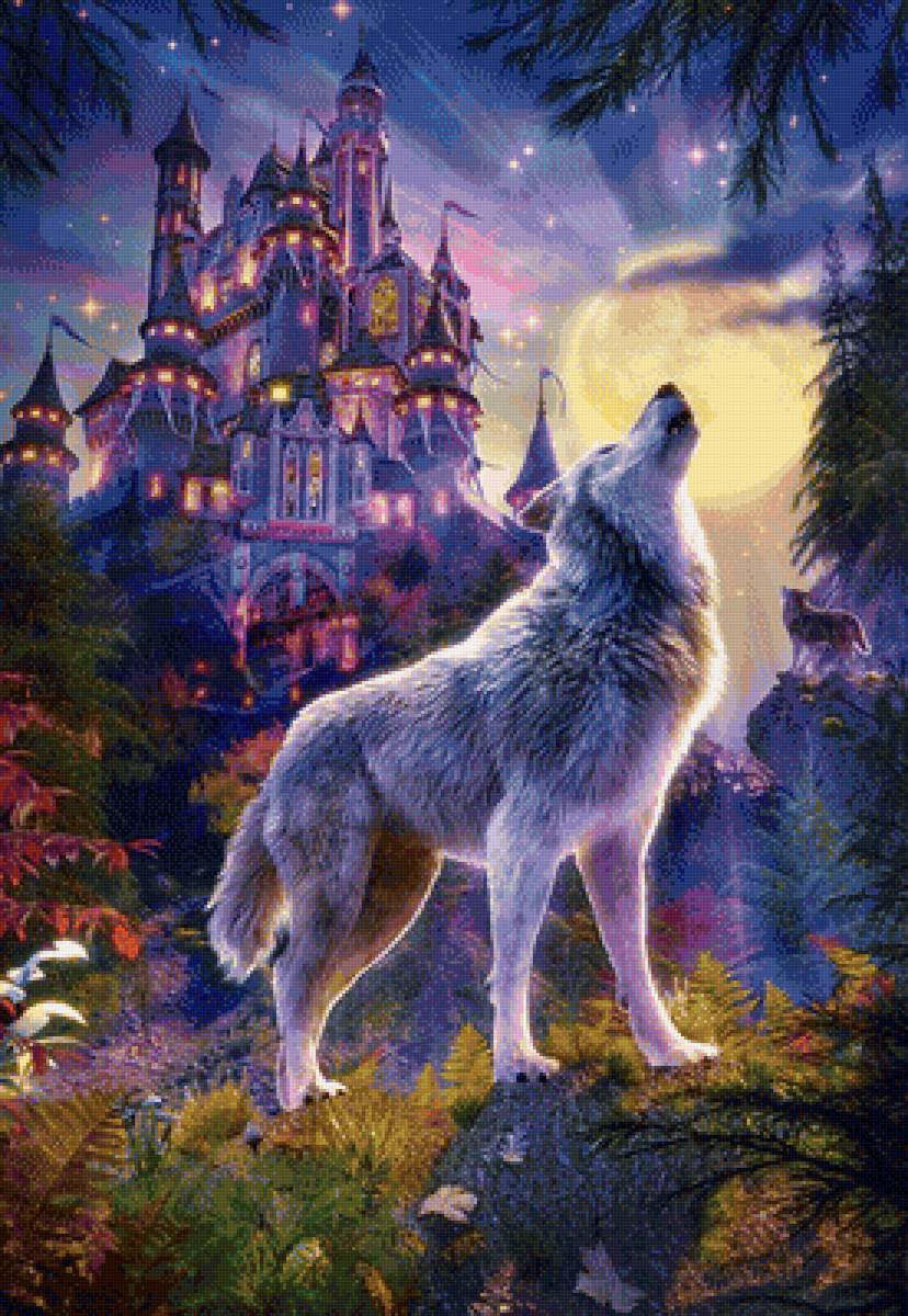 Волки - замок, луна, ночь, волк, рисунок, природа, волки, животные - предпросмотр