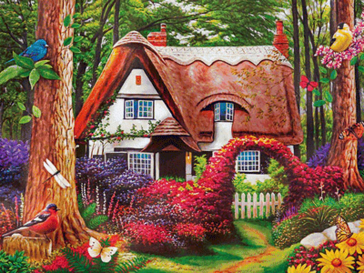 Домик - пейзаж, природа, цветы, птички, дом, бабочки, домик - предпросмотр