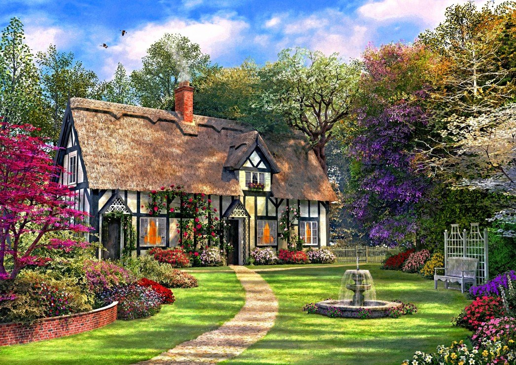 Домик - домик, цветы, лето, природа, скамейка, пейзаж, дом - оригинал