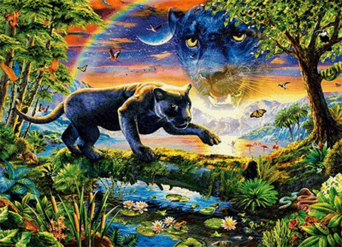Пантера - природа, джунгли, кувшинки, озеро, рисунок, пантера, животные - предпросмотр
