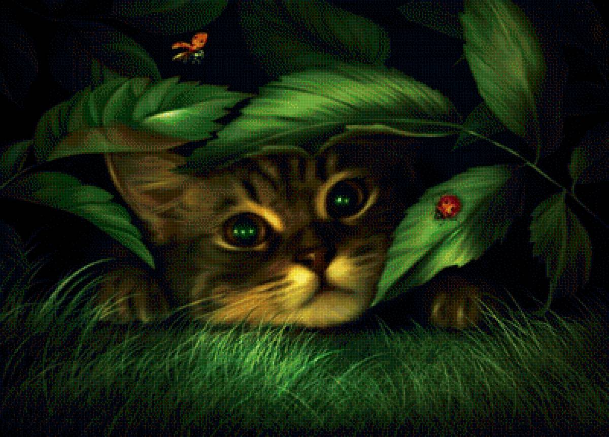 Котик в траве - кот, котик, животные, рисунок - предпросмотр