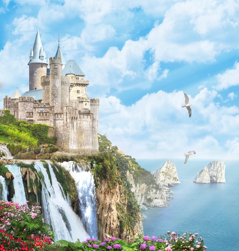 Замок у моря - замок, лето, природа, море, чайки, цветы, пейзаж, водопад - оригинал