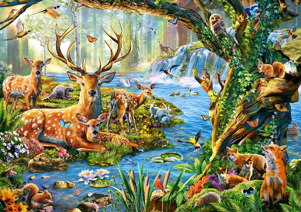 У водопада - лес, лисы, олени, река, рисунок, природа, водопад, животные - оригинал