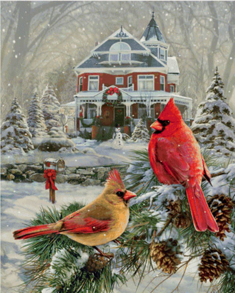Птички - шишки, птицы, зима, снег, птички, дом, снеговик, домик, рисунок - предпросмотр