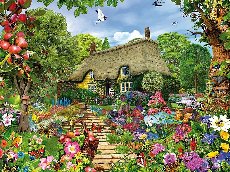 Домик - сад, яблоки, домик, лето, цветы, бабочки, пейзаж, птицы, дом - оригинал