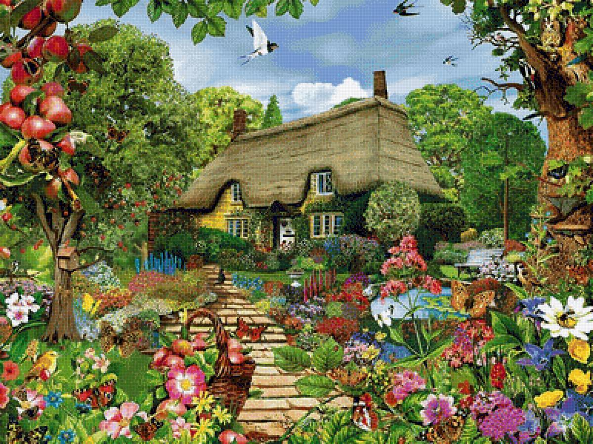 Домик - сад, цветы, пейзаж, дом, яблоки, домик, птицы, бабочки, лето - предпросмотр