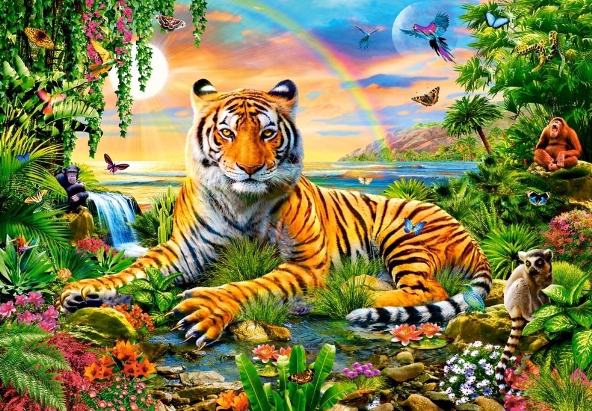Тигр - радуга, рисунок, природа, тигр, море, животные, лето, цветы - оригинал