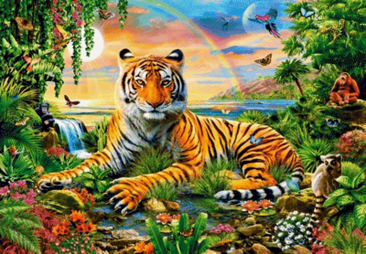 Тигр - море, рисунок, радуга, животные, природа, цветы, тигр, лето - предпросмотр