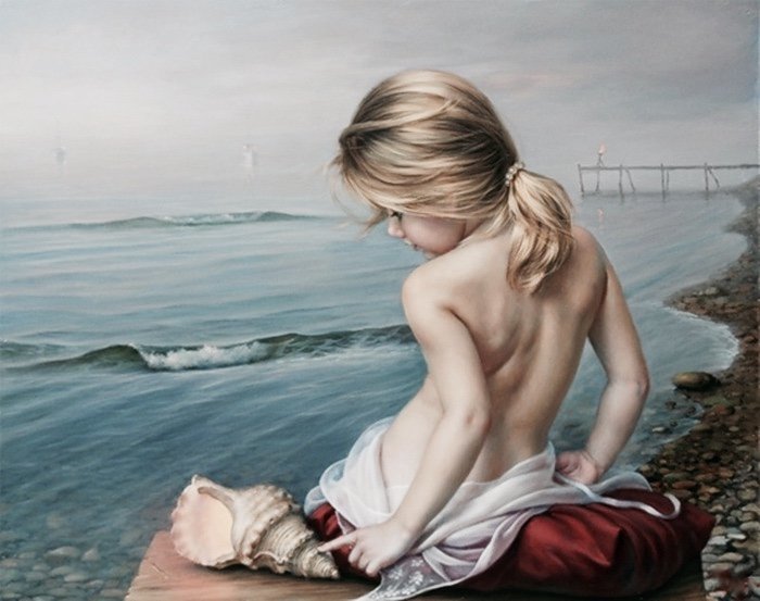 девочка с ракушкой - девочка, море, пейзаж - оригинал