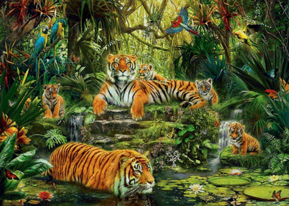 Семейство тигров - тигр, тигрята, птицы, животные, попугаи, рисунок, тигры, природа - предпросмотр