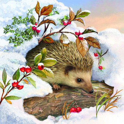 Ёжик - ежик, снег, рисунок, животные, еж, зима, ягоды - оригинал