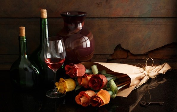 Натюрморт - вино, розы, цветы, букет, бокал, натюрморт - оригинал
