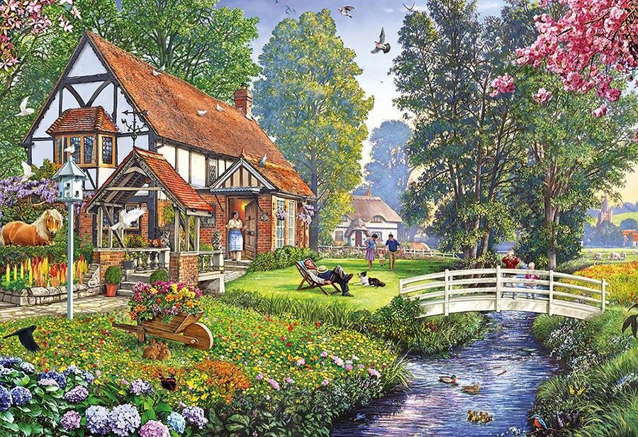 Пейзаж - дом, домик, лето, ручей, природа, цветы, пейзаж, лошадь, мост - оригинал