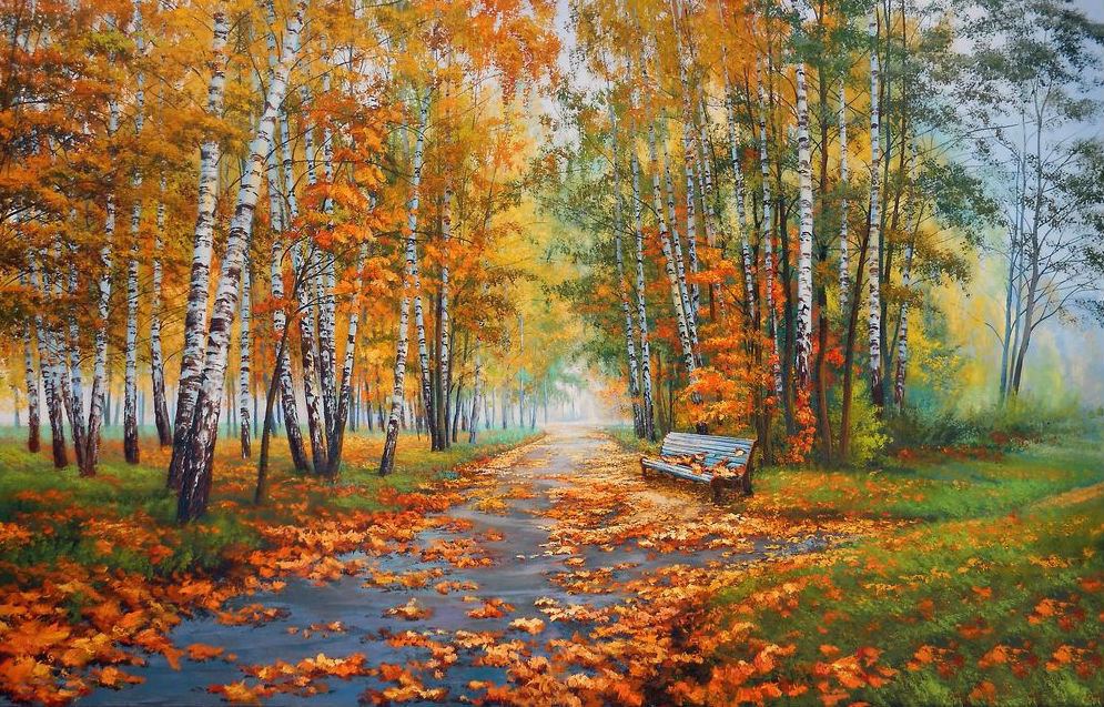 Осенний парк - осень, аллея, скамейка, листья, пейзаж, парк - оригинал